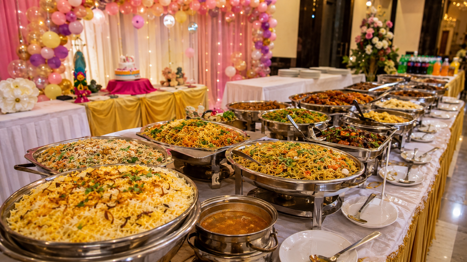 Festive Buffet with Balloons and Biryani