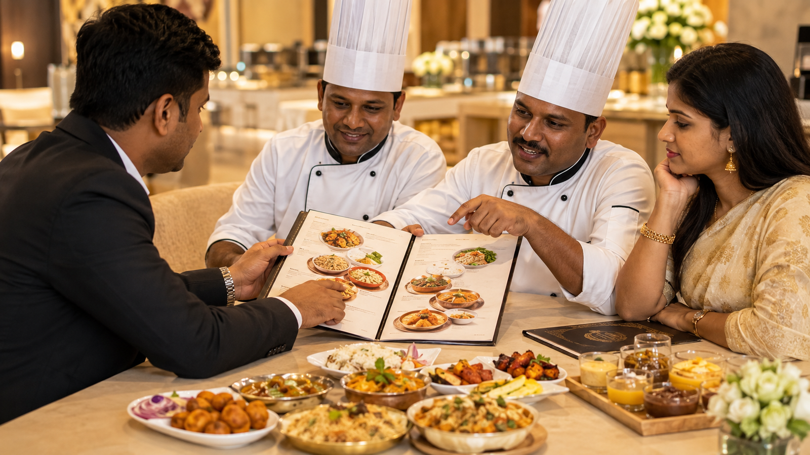 catering team discussing food menu